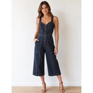 Ulla Johnson Denim Jumpsuit Womens Wide Leg Cropped Button Front Contrast Stitch